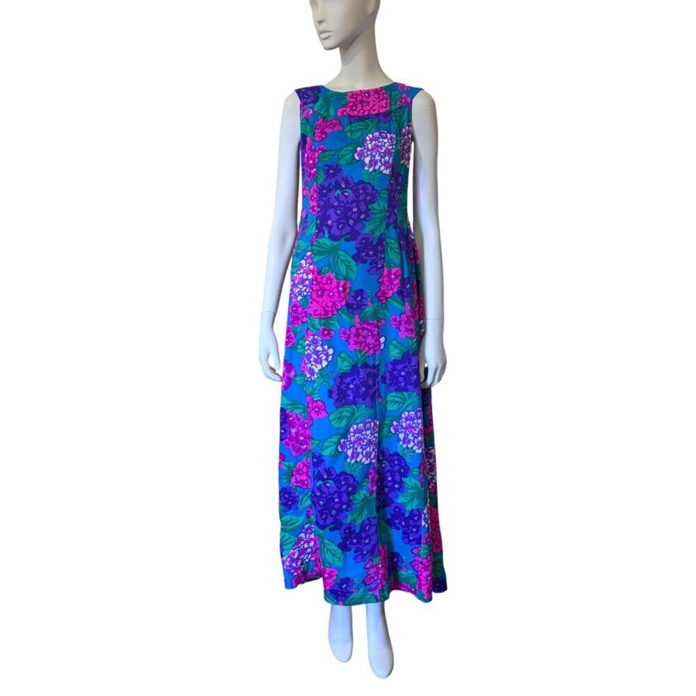 Vintage Sample Shop Hawaiian Muu Muu M Maxi Dress Bark Cloth Hydrangeas Resort